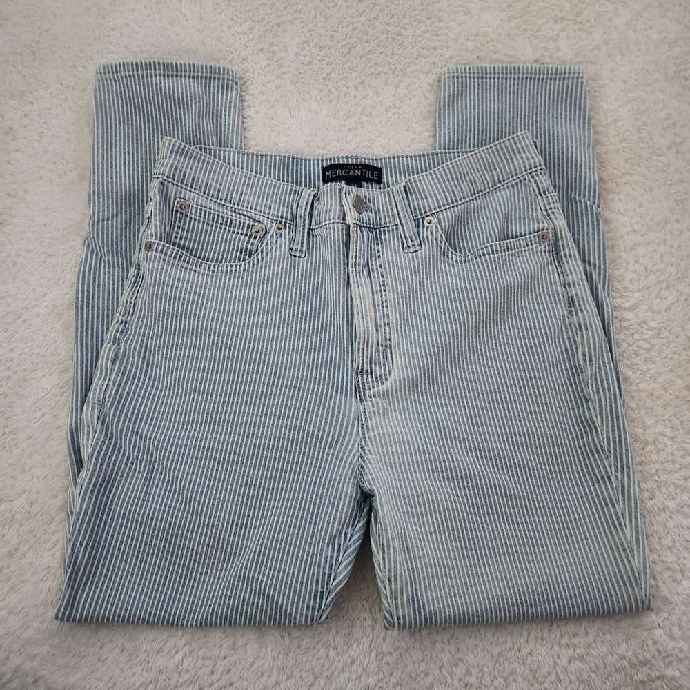 J.Crew Mercantile Womens High Rise Skinny Jeans‎ Blue White Ticking Stripe 27